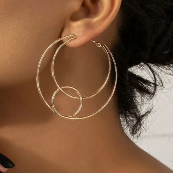 Private Label Jewelry - NEW Modernist Gold Plated Double Circle Hoop Earrings